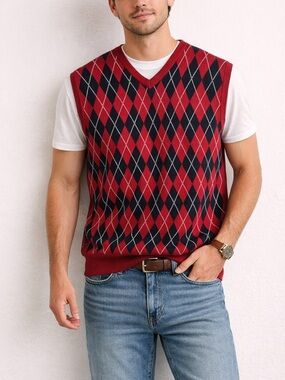Chaps Argyle V-Neck Sweater Men's Large Red Navy Vest Preppy Classic Golf